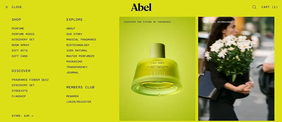Abel's menu reveals all website categories