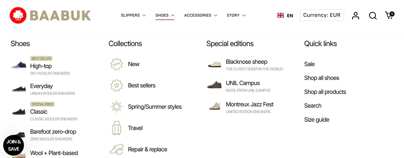 Baabuk Shopify store navigation example to increase conversions