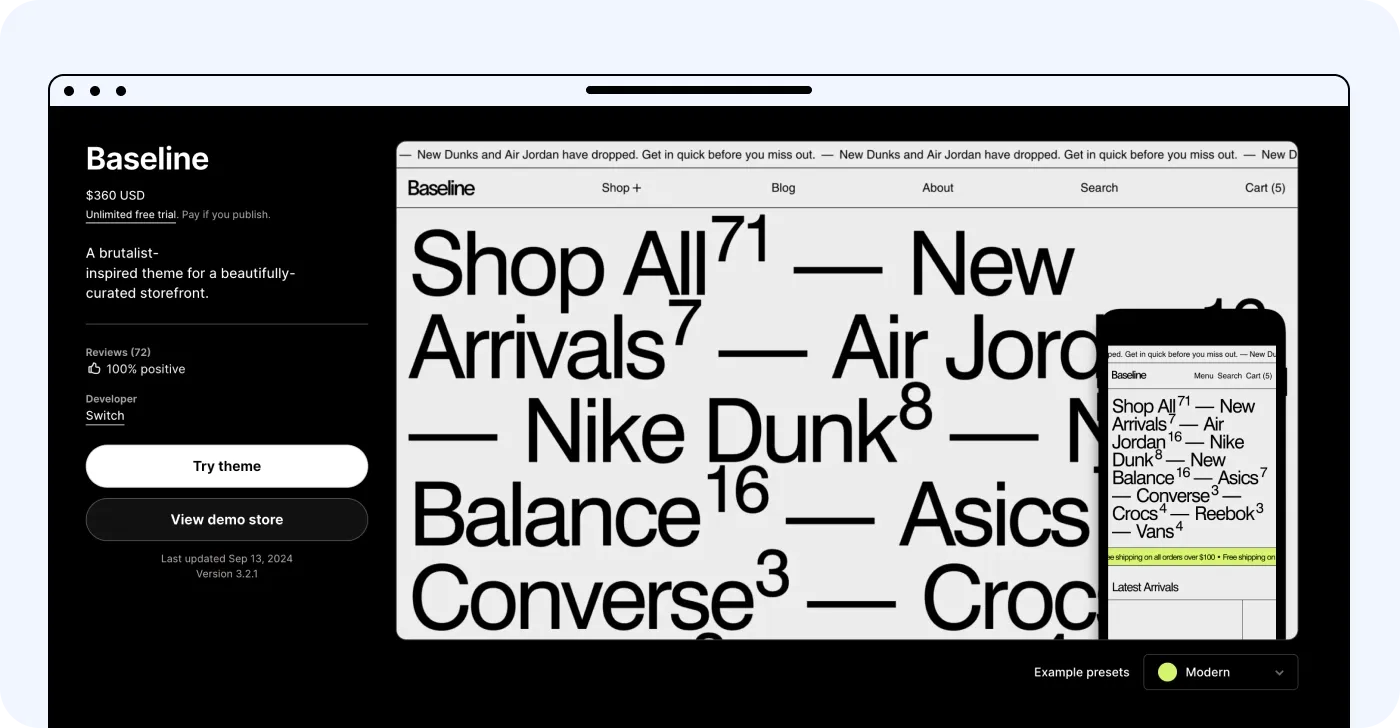 Baseline Shopify clothing theme