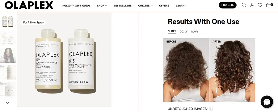 Before and After photos on Olaplex's PDP
