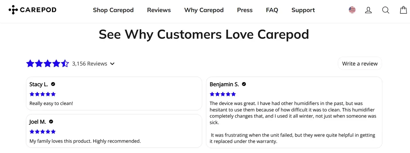 Carepod Shopify store review section example to improve conversions