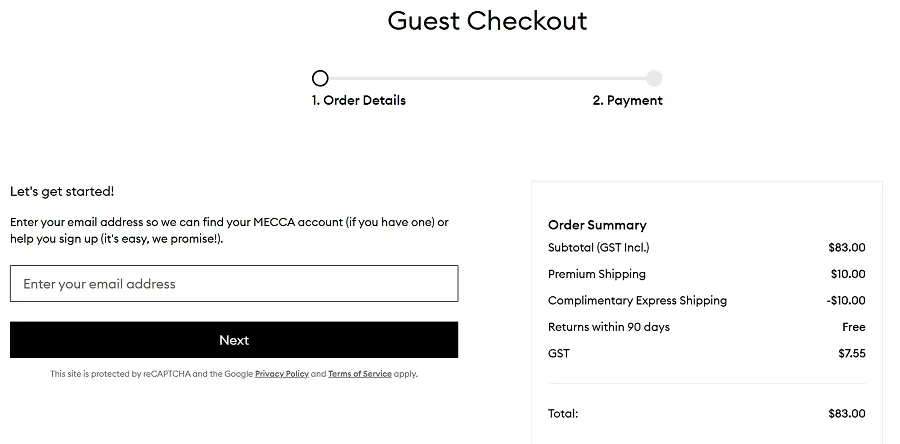 Custom guest checkout with transparent pricing and return guarantee