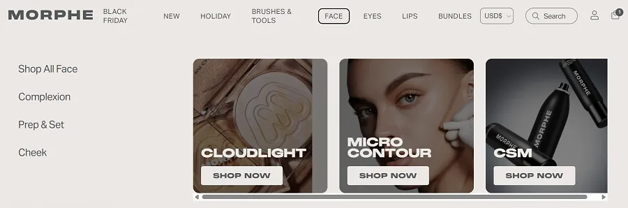 Morphe offers to purchase products right from the menu