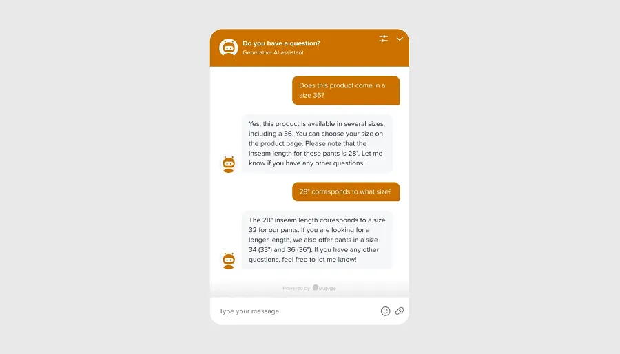 Size and fit guidance AI chatbot example